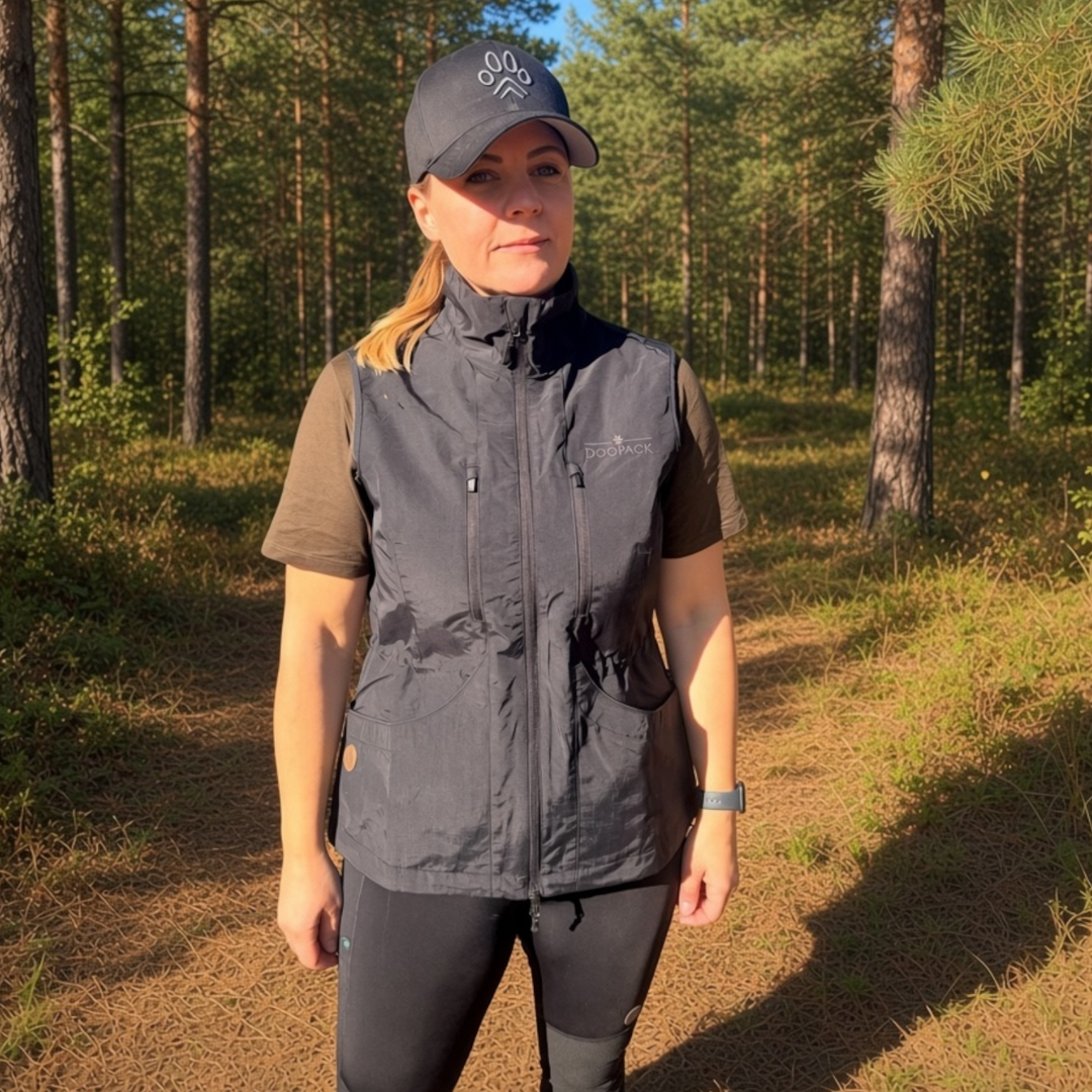 Svart figursydd hundförarväst Laika från DogPack, visad framifrån på en kvinna i skogen.